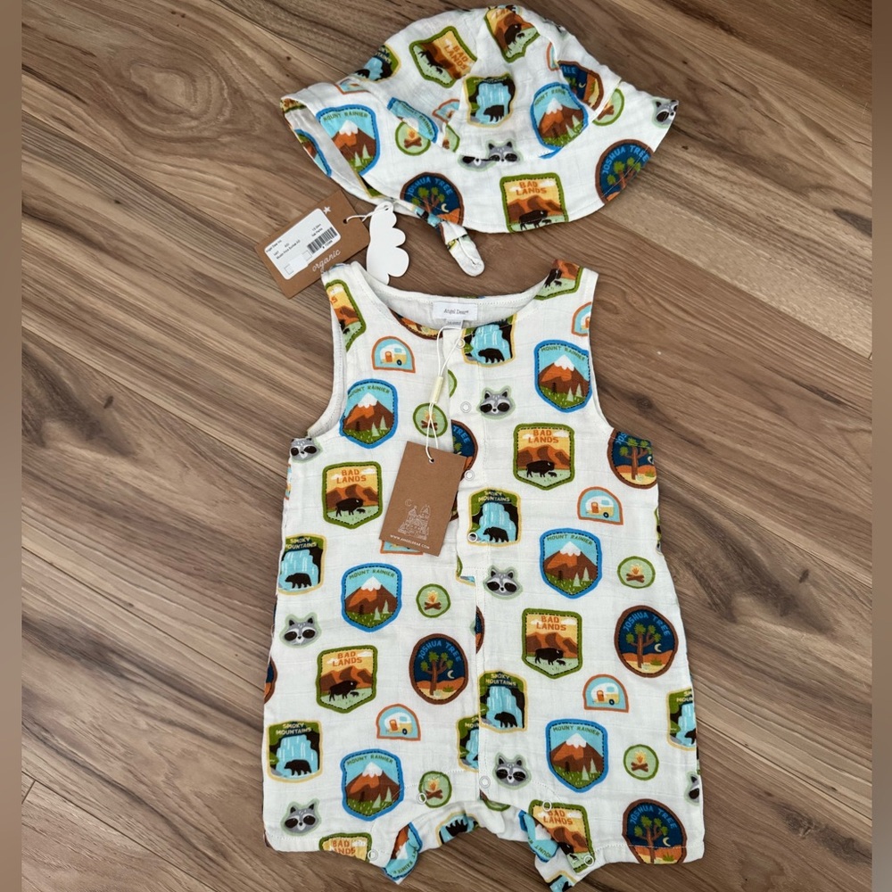 Angel Dear Organic Muslin Shortie Romper National Parks Outfit and Hat Set NWT